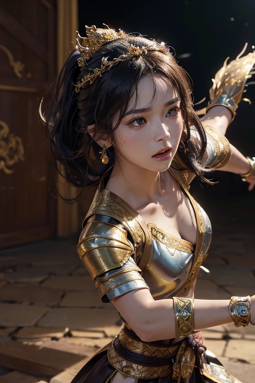 (skindentation:1.5), Realistic, Photorealistic, (masterpiece:1.5), concept art, intricate details, highly detailed, photorealistic, octane render, 8k, unreal engine, dynamic pose, best quality, highres, (realistic face:1.1), (hyperrealistic:1.1), (((full_body))), perfect eyes,(shiny skin:1.2), perfect hand, extremely detailed background, ((autumn)), ((1girl)), ((thai armor)), ((detailed eyes, high quality eyes, high quality face)), long black hair, messy ponytail, dramatic, depth of field, bokeh, 4k, ancient ruin, dancer, (((fighting))), (((Thai armor and Thai crown))), earrings
