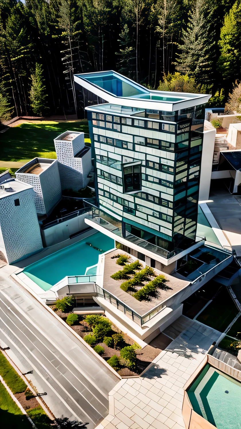 exterior of highrise hotel building, contemporary style, inspired of Norman Forster, glass with steel frame facade, 5 stars hotel design, beautiful landscape, stone pavement,cars, RAW photo, 8k uhd, dslr, soft lighting, high quality, film grain, Fujifilm XT3,masterpiece,