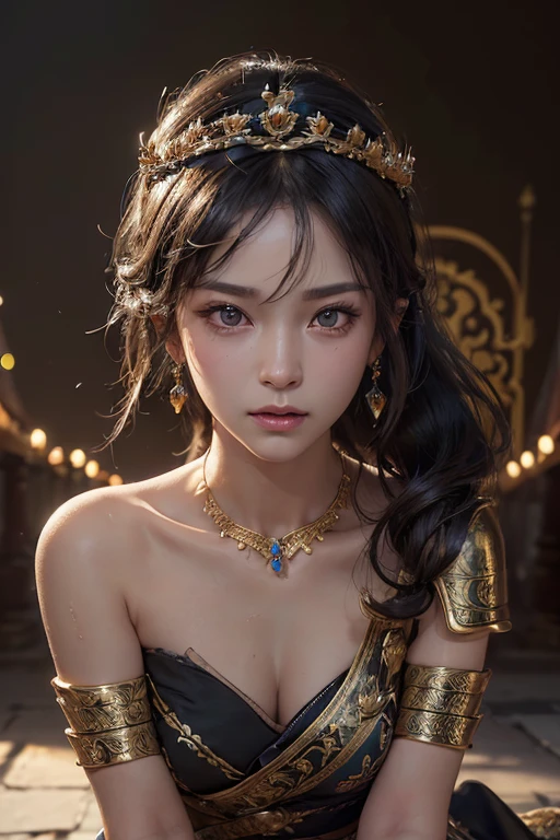 (skindentation:1.5), Realistic, Photorealistic, (masterpiece:1.5), concept art, intricate details, highly detailed, photorealistic, octane render, 8k, unreal engine, dynamic pose, best quality, highres, (realistic face:1.1), (hyperrealistic:1.1), (((full_body))), perfect eyes,(shiny skin:1.2), perfect hand, extremely detailed background, ((autumn)), ((1girl)), ((thai armor)), ((detailed eyes, high quality eyes, high quality face)), long black hair, messy ponytail, dramatic, depth of field, bokeh, 4k, ancient ruin, dancer, (((fighting))), (((Thai armor and Thai crown))), earrings