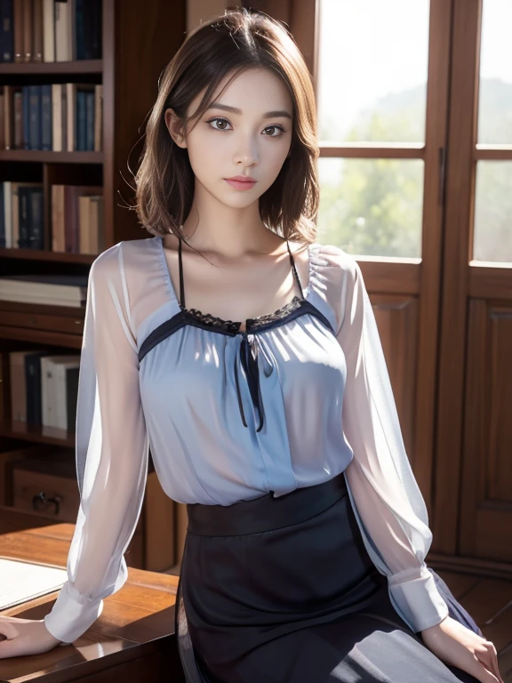 (Realistic、High resolution:1.3),alone, One Girl, masterpiece, highest quality, Very detailed, Cinema Lighting, Intricate details, High resolution, Official Art, Beautifully detailed face and eyes, High resolutionのイラスト, 8k, (Short Chignon Hair), Ash Brown Hair:1.3, Very thin body, ((Chiffon long skirt、Chiffon blouse:1.3)) 、Single Blade, blue eyes, Glasses, Crossing your legs, Sit on a chair, patterned high heels,Upper Body, Big Breasts, Book_stack, library, ((vine)), Looking at the audience
