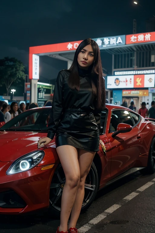 Seorang cewe Taiwan usia 28 tahun cantik putih mulus langsing sedang jongkok di depan Mobil Ferrari merah,Memakai Setelan jas warna Emas dengan Memakai Sepatu Panthople hitam, berambut Pirang, dengan Seorang Cewe usia 25 tahun sedang bersama y,Di Bawah y Ada Tulisan *Alexander Criville Creator* dengan Ejaan bahasa Indonesia yg benar, tampak bagian bawah mobil terangnoleh Neon box Blue Light,dengan mesin on,lampu LED utama depan menyala terang, Fotography view Real Human HD 32K hyper Realistik