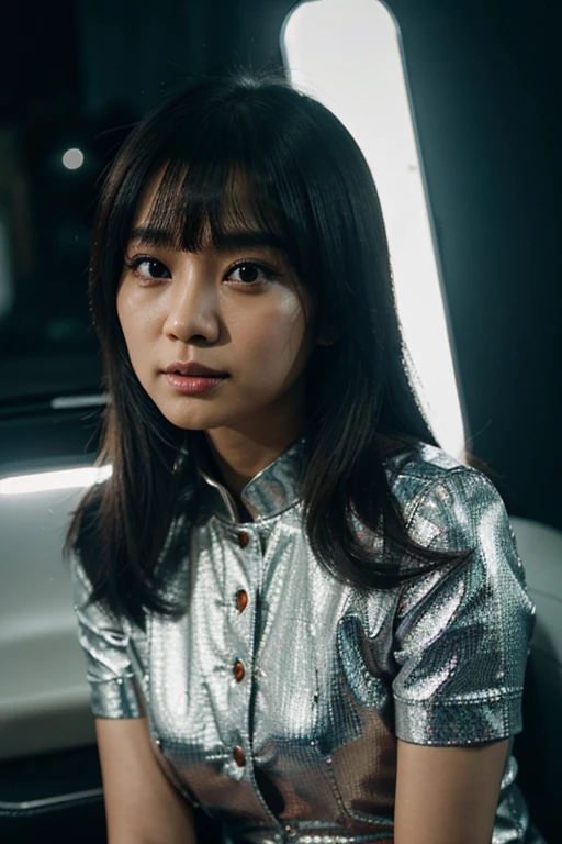Seorang cewe Taiwan usia 28 tahun cantik putih mulus langsing sedang  jongkok di depan Mobil Ferrari merah,Memakai Setelan jas warna Emas dengan Memakai Sepatu Panthople hitam, berambut Pirang, dengan Seorang Cewe usia 25 tahun sedang bersama y,Di Bawah y Ada Tulisan *Alexander Criville Creator* dengan Ejaan bahasa Indonesia yg benar, tampak bagian bawah mobil terangnoleh Neon box Blue Light,dengan mesin on,lampu LED utama depan menyala terang, Fotography view Real Human HD 32K hyper Realistik 