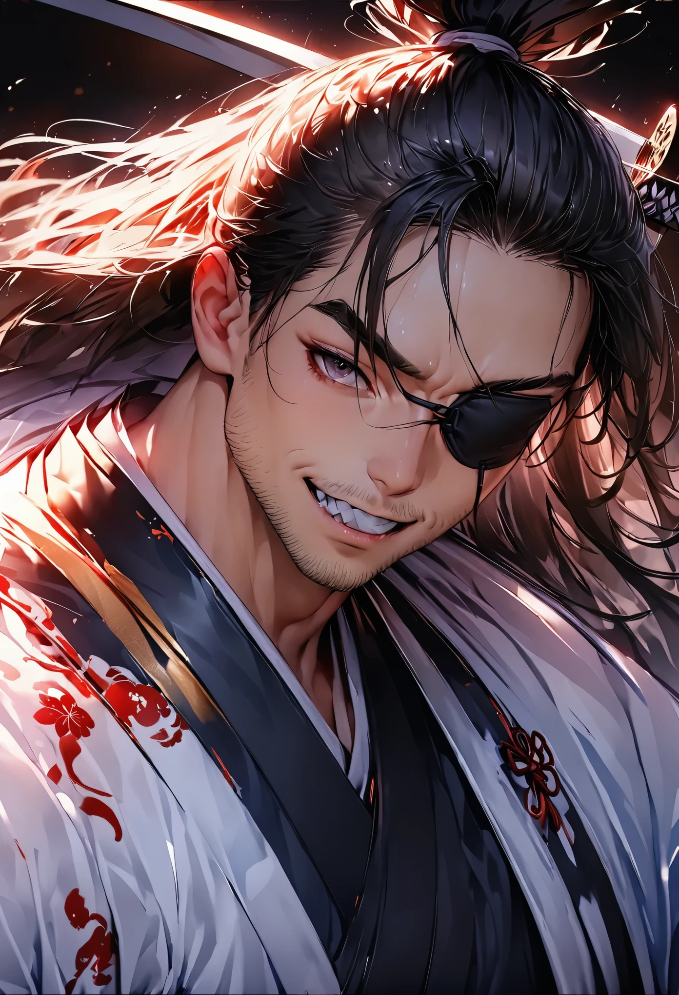 (masterpiece:1.3), (8k、最high quality:1.4), (Japanese Male), Powerful face, (Thick eyebrows), (strong jaws、Stubble), Fearless Smile, He covers his left eye with an eyepatch made from the tsuba of a Japanese sword..., Has long hair in a topknot, Intense black eyes, Muscular body, ((Yagyu Jubei)), ((Samurai Costume)), ((Perfect Anatomy)), (Skin with attention to detail: 1.2), (((wonderful Japanese sword))), Two Swords, size, (Amazing muscles)、((Castle on Fire)), Meet the Ninja, Draw and hold the sword, Sharp focus, Contrast lighting, Fine skin, High resolution 8k, Crazy Details, Realistic, Soft Light , high quality, Volumetric lighting, Soft Light, bright, neon, bright色, Watercolor, bright色, Create digital artworks in the pop art style