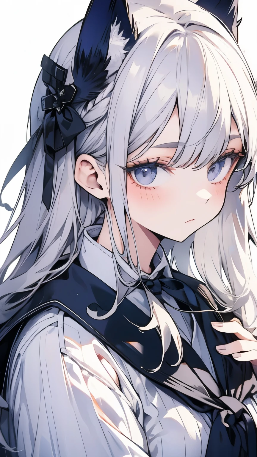 (The white-haired girl has very thick white eyebrows and huge wolf ears.、She wears a huge navy blue barrette on the back of her hair.)