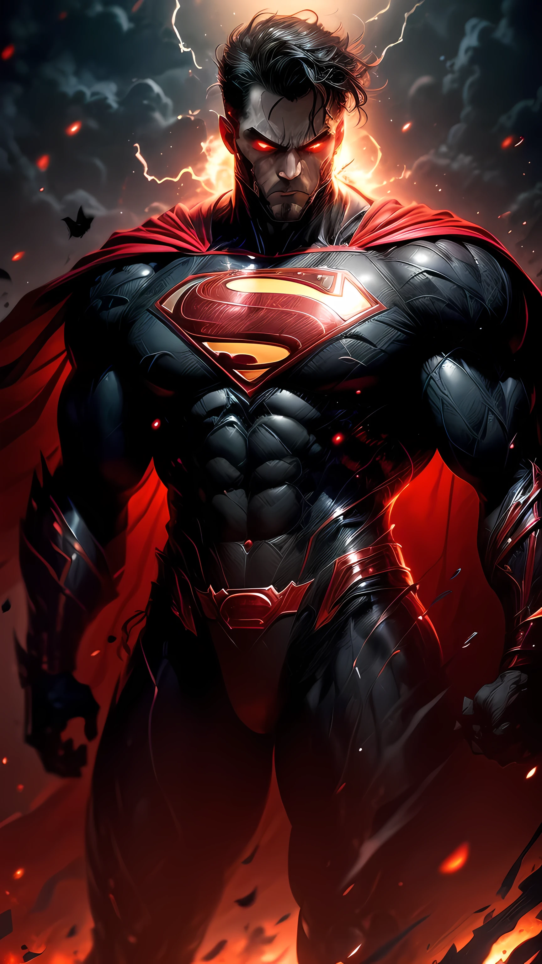 (Super Powerful), (Handsome and Menacing Face: 1.2), Evil Superman, with horns on the forehead, surrounded by fire, on a dark night with a full moon and low light, black superman suit, red cape, (Extremely Detailed CG: 1.3), Depth of Field, Cinematic Lighting, Lens Flare, (Dramatic Atmosphere and sinister: 1.5), (formidable figure: 1.4), standing confidently, (large and imposing frame: 1.1), (very complex and realistic texture: 1.2), luminous red eyes, glowing sinisterly in the dark, masterpiece, high quality image , clear, defined face, perfect hands,