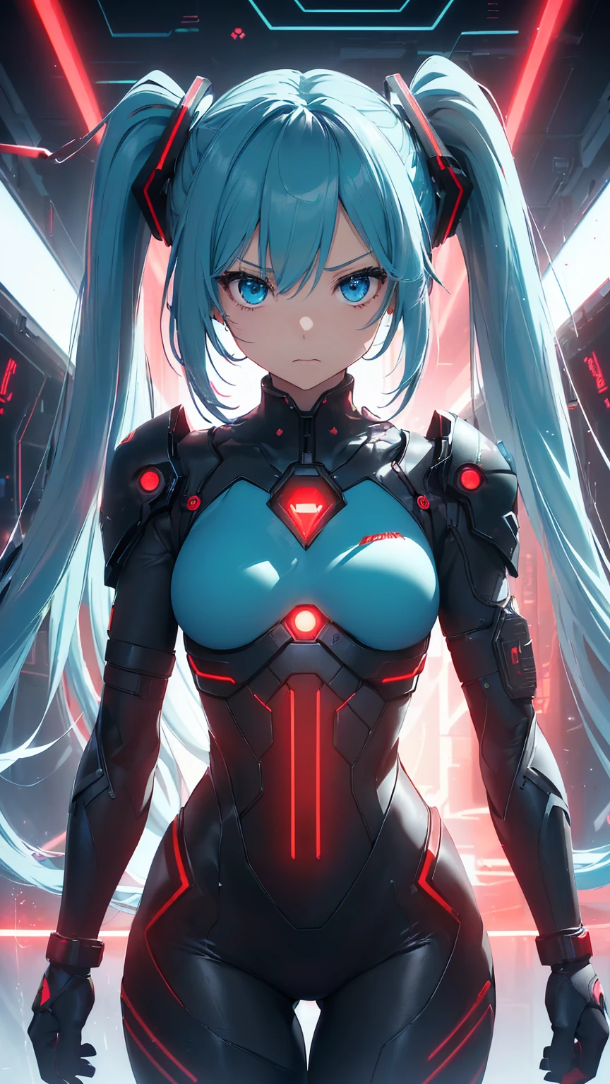 最high quality、Best image quality、masterpiece、Hatsune Miku VOCALOID、、Android Girl((18-year-old、red, A glowing black and blue cyber suit、Bodysuits、Blue energy source on chest,Best Bust、Bust 90、Twin tails、Light blue eyes、Light blue hair、Open your chest wide、valley、happiness、Slender、belligerent face、Please stand in front、Countless cable connections throughout the body、Particles of light、Sharp clawed arms))high quality、Beautiful art、background((Research Facilities、Neon color、Cyber World、red lighting))、Tabletop、Exquisite design、Visual Arts、Feature films、depth(The rampaging android army)