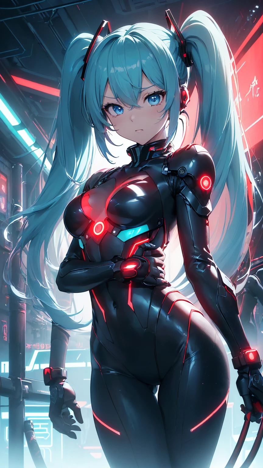 最high quality、Best image quality、masterpiece、Hatsune Miku VOCALOID、、Android Girl((18-year-old、red, A glowing black and blue cyber suit、Bodysuits、Blue energy source on chest,Best Bust、Bust 90、Twin tails、Light blue eyes、Light blue hair、Open your chest wide、valley、happiness、Slender、belligerent face、Please stand in front、Countless cable connections throughout the body、Particles of light、Sharp clawed arms)）high quality、Beautiful art、background((Research Facilities、Neon color、Cyber World、red lighting))、Tabletop、Exquisite design、Visual Arts、Feature films、depth(The rampaging android army)