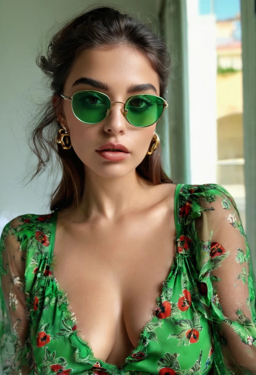 mulher espanhola com blusa sexy com olhos verdes, Sophie blade retracted, cabelos castanhos e olhos grandes, selfie de uma jovem, sem maquiagem, maquiagem natural, looking directly at the camera, sensual, perfect hands, hiper-realista, 8k, soberba, bonita, she is in bed, tem um rosto muito natural, gucci, great detail on hands and fingers, unhas bonitas, thin lips, olhos verdes finos, sobrancelhas finas, nariz fino, pestanas longas. in front of the window, and it's summer outside, summer weather but no snow, glasses, linhas arrojadas, hiper-detalhadas, uma paleta limitada de cores quentes e claras, alto contraste, dramatic shadows, estilo gucci, sapatos gucci, roupa gucci, oculos gucci