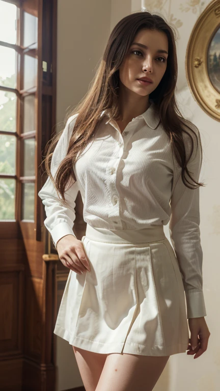 masterpiece, Photorealsitic, Realistic, Best Quality, intricate and delicate, 8k wallpaper, top-quality, masterpiece, realisitic, ultra-detailliert, One woman, beautiful woman, 30 years old, white long-sleeved collared shirt, long tight black skirt, big hips