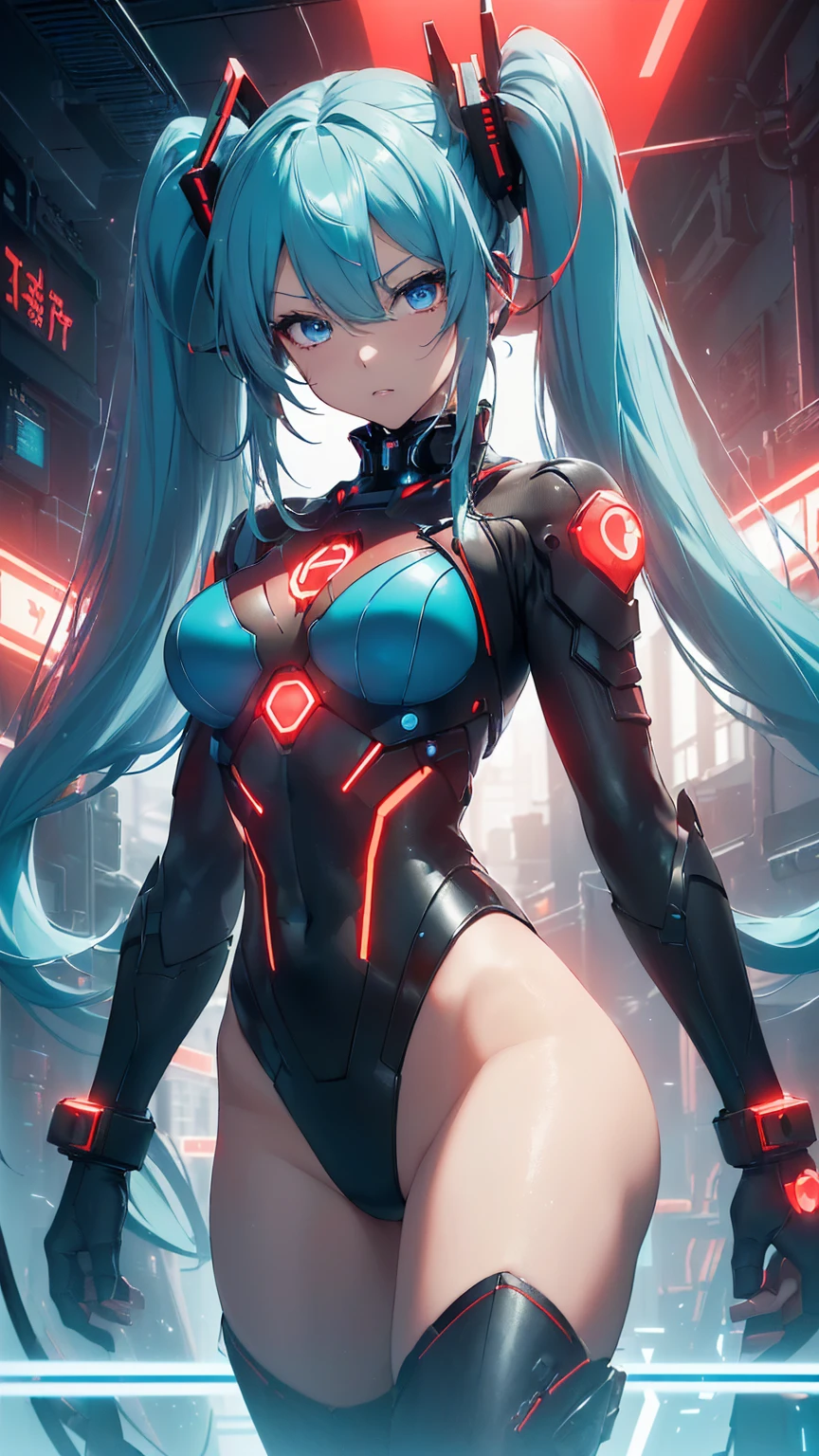 最high quality、Best image quality、masterpiece、Hatsune Miku VOCALOID、、Android Girl((18-year-old、red, A glowing black and blue cyber suit、Blue energy source on chest,Best Bust、Big Breasts、Bust 90、Twin tails、Light blue eyes、Light blue hair、Open your chest wide、valley、happiness、Slender、belligerent face、Please stand in front、Countless cable connections throughout the body、Particles of light、Sharp clawed arms))high quality、Beautiful art、background((Research Facilities、Neon color、Cyber World、red lighting))、Tabletop、Exquisite design、Visual Arts、Feature films、depth(The rampaging android army)