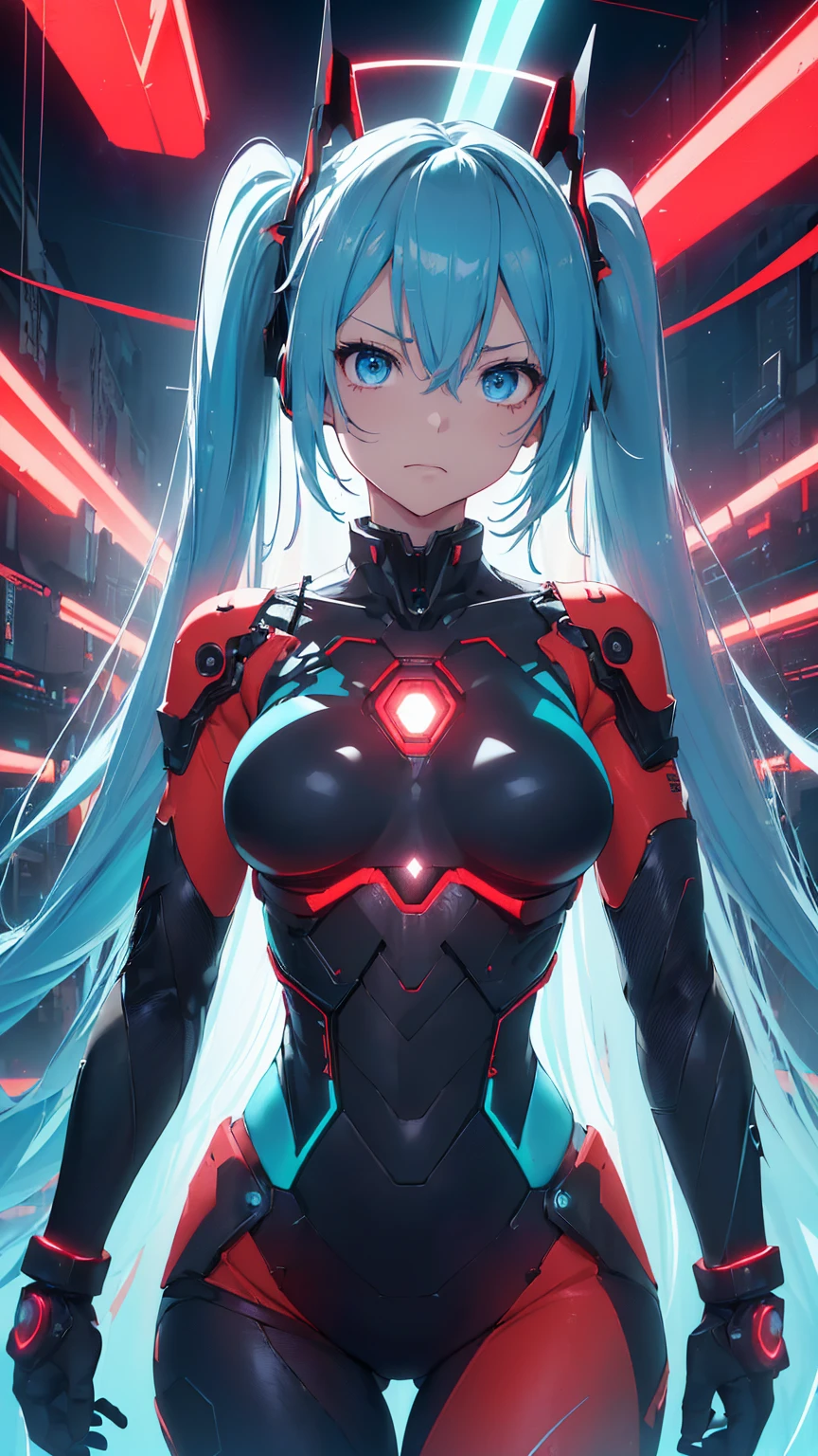 最high quality、Best image quality、masterpiece、Hatsune Miku VOCALOID、、Android Girl((18-year-old、red, A glowing black and blue cyber suit、Blue energy source on chest,Best Bust、Big Breasts、Bust 90、Twin tails、Light blue eyes、Light blue hair、Open your chest wide、valley、happiness、Slender、belligerent face、Please stand in front、Countless cable connections throughout the body、Particles of light、Sharp clawed arms))high quality、Beautiful art、background((Research Facilities、Neon color、Cyber World、red lighting))、Tabletop、Exquisite design、Visual Arts、Feature films、depth(The rampaging android army)