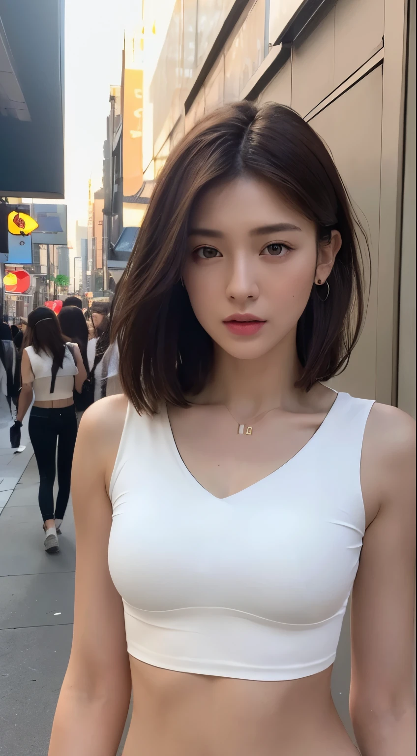 ((Realistic lighting, Best quality, 8K, Masterpiece: 1.3)), Clear focus: 1.2, 1girl, Perfect Figure: 1.4, Slim Abs: 1.1, ((Dark brown hair)), (White crop top: 1.4), (Outdoor, Night: 1.1), City streets, Super fine face, Fine eyes, Double eyelids,