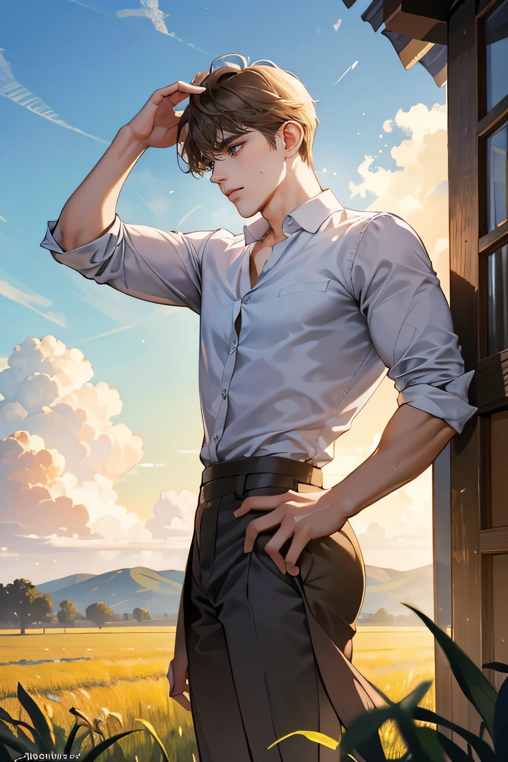 1 boy, young male, Yeux regardant vers la caméra, Corps masculin parfait,(chef-d'artwork, High resolution, ultra-detailed:1.0), Dans un champ baigné par les rayons chauds du soleil estival, Rob, un jeune homme de 18 ans, se tient debout, face slightly red from effort and heat. Sa silhouette imposante, sculptée par le travail acharné, stands with natural grace. His powerful muscles are visible under his unbuttoned beige shirt, revealing a chiseled torso and firm arms. Rob's disheveled hair, d'un brun profond, encadrent son visage, giving it an air that is both wild and seductive. Mais c'est dans ses yeux verts, deep like emeralds, que réside toute son innocence et sa timidité. Despite its striking beauty, he almost seems embarrassed by the attention given to him. The brown pants he wears are stained with dirt and sweat, testifying to his hard work in the fields. Ses mains, calleuses mais habiles, are placed on his hips, montrant la force et la détermination qui l'animent. Autour de lui, the field stretches as far as the eye can see, bathed in golden light. Ears of wheat gently wave in the summer breeze, creating an idyllic backdrop for this scene. Dans cette image saisissante, Rob embodies both raw virility and tenderness, captivant le spectateur par son charme authentique et sa simplicité désarmante. He is dressed in a medieval farmer's outfit.