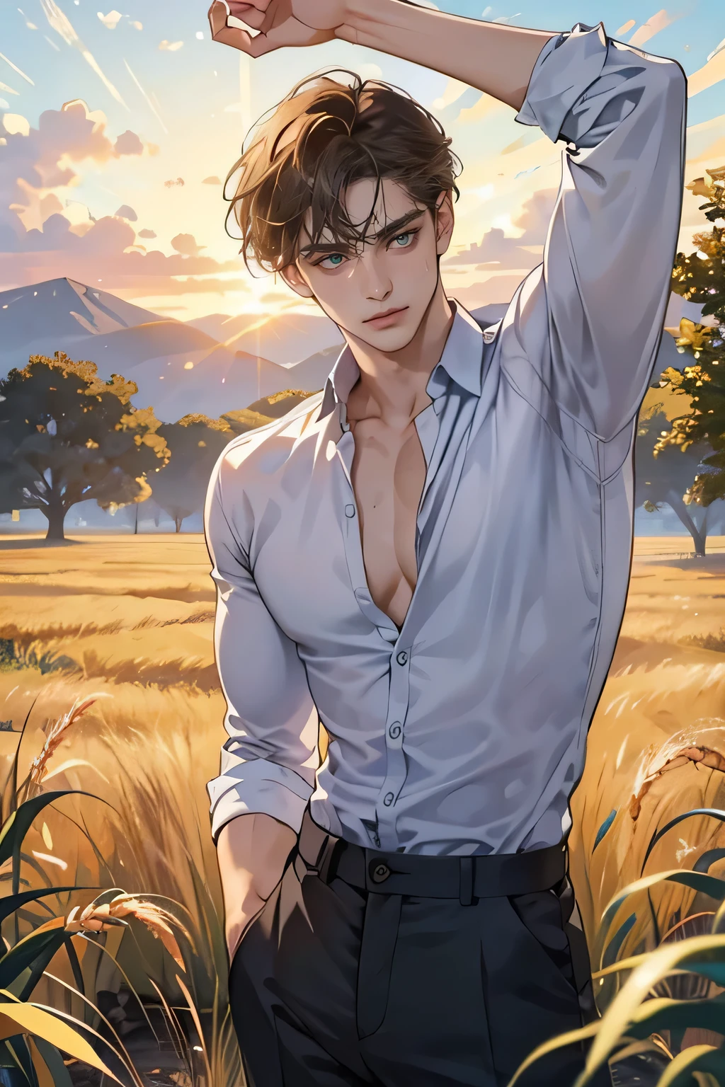 1 boy, young male, Yeux regardant vers la caméra, Corps masculin parfait,(chef-d&#39;artwork, High resolution, ultra-detailed:1.0), Dans un champ baigné par les rayons chauds du soleil estival, Rob, un jeune homme de 18 ans, se tient debout, face slightly red from effort and heat. Sa silhouette imposante, sculptée par le travail acharné, stands with natural grace. His powerful muscles are visible under his unbuttoned beige shirt, revealing a chiseled torso and firm arms.

Rob&#39;s disheveled hair, d'un brun profond, encadrent son visage, giving it an air that is both wild and seductive. Mais c'est dans ses yeux verts, deep like emeralds, que réside toute son innocence et sa timidité. Despite its striking beauty, he almost seems embarrassed by the attention given to him.

The brown pants he wears are stained with dirt and sweat, testifying to his hard work in the fields. Ses mains, calleuses mais habiles, are placed on his hips, montrant la force et la détermination qui l'animent.

Autour de lui, the field stretches as far as the eye can see, bathed in golden light. Ears of wheat gently wave in the summer breeze, creating an idyllic backdrop for this scene.

Dans cette image saisissante, Rob embodies both raw virility and tenderness, captivant le spectateur par son charme authentique et sa simplicité désarmante.




