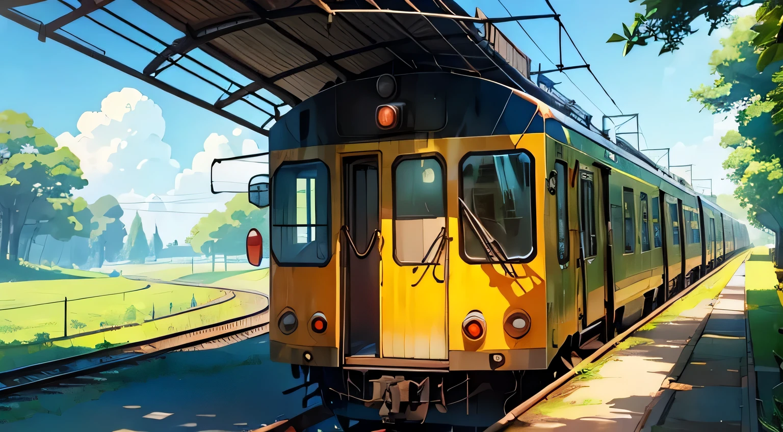 sideview of the outside of a train, it's sunny and there is vegetation around. It's bright, everything looks peaceful