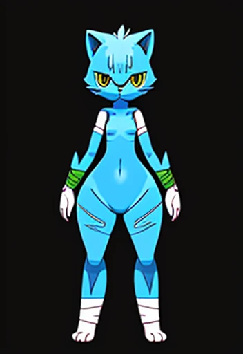 ((Best quality ,artwork )), cat female humanoid, wide hips , wearing Bandage , blue body , big cat ears , ((Pokémon style )) , short hair ,big hands , small geet ,