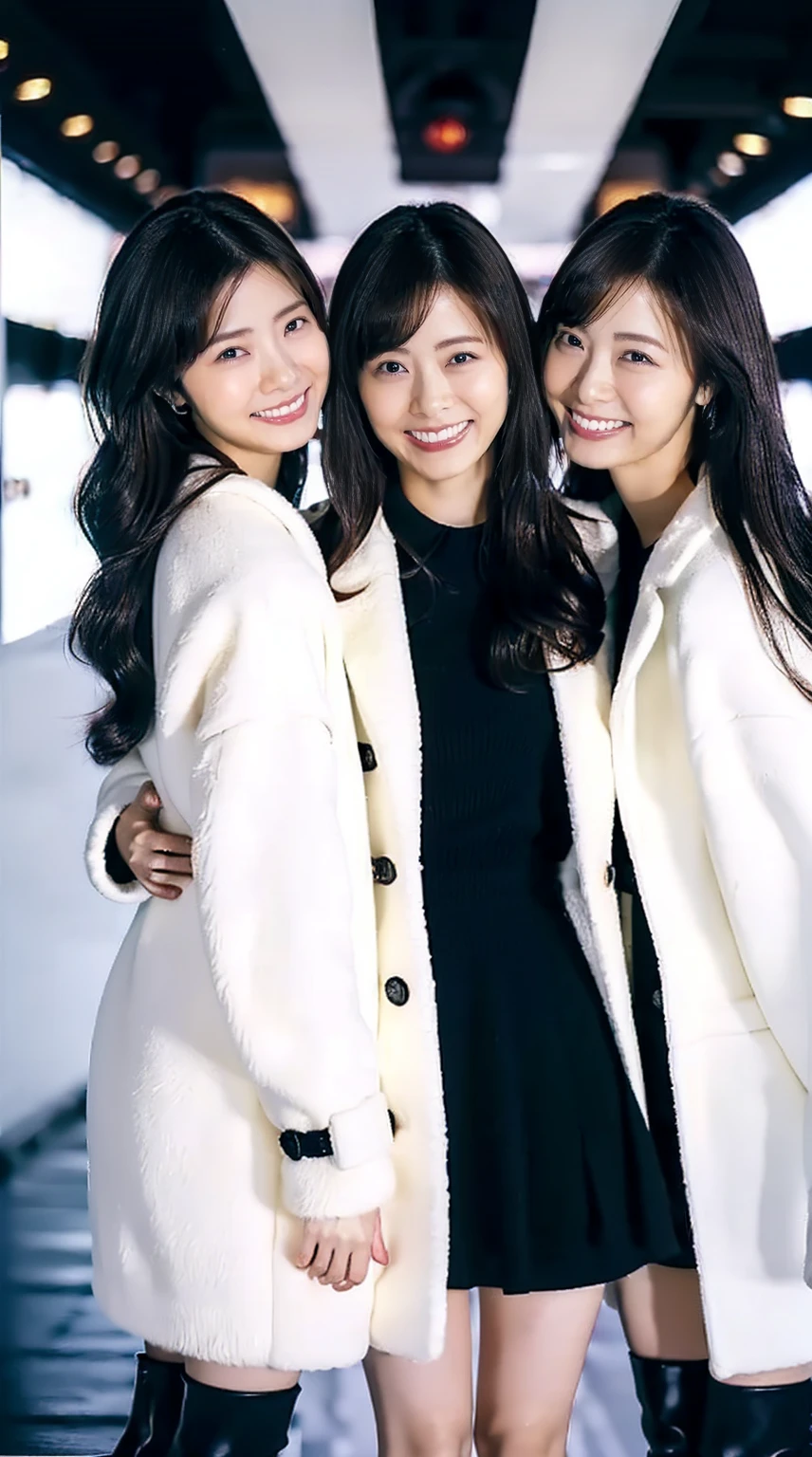 8K, RAW Photos, Full body photo, Realistic: 1.25), (Lip gloss, eyelash, Glossy face, Glowing Skin, Super beautiful sexy Japanese women, 20-year-old, highest quality, Ultra-high resolution, Depth of written boundary, chromatic aberration, Caustics, Moisturized lips, Ultra Cropped Face, Shining Detail Eyes, Half-up dark brown hair, Snazzy, Same height, White long coat, thick long coat, long feather coat, Black knit dress, Black mini skirt, Black long boots, Three girls standing and hugging each other, Big Breasts, Sheer
