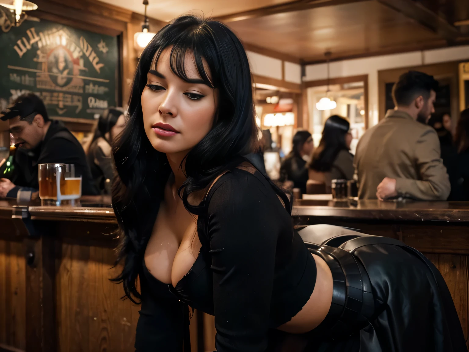 proFessional portrait photograph oF a gorgeous eyes closed Bettie page girl in winter clothing with long wavy Black hair, black long maxi-skirt(black long maxi-skirt:1.2),sultry Flirty look, gorgeous symmetrical Face, joli maquillage naturel, wearing elegant warm winter Fashion clothing, black leather gloves, ((with a man behind her,on her knees over the bar of an english pub having hard sex from behind)), ultra realistic, art conceptuel, elegant, Very detailed, complexe, sharp Focus, depth oF Field, F/1. 8, 85mm, (((proFessionally color graded))), bright soFt diFFused light, (volumetric Fog), tendance sur Instagram, hdr 4k, 8K