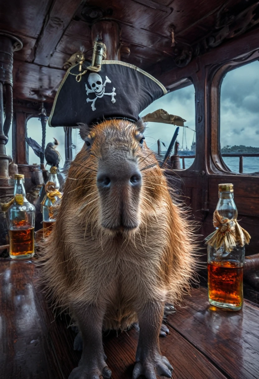 A Capybara, capybara, Capybara pirates with an eye patch and pirate hats and holding bottles of rum, on a ghost ship, intricate details, HDR, beautifully shot, hyperrealistic, sharp focus,  megapixels, perfect composition, high contrast, cinematic, atmospheric, moody