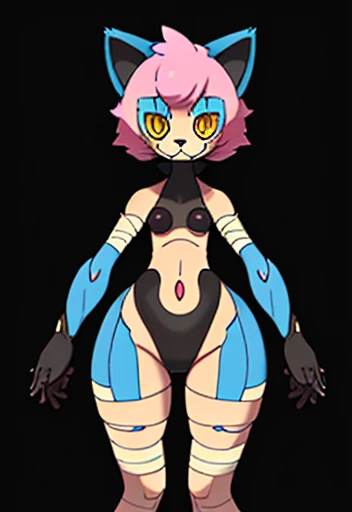 ((Best quality ,artwork )), cat female humanoid, wide hips , wearing Bandage , blue body , big cat ears , ((Pokémon style )) , short hair ,(( shortstack)), small geet , ((Black pupils)).