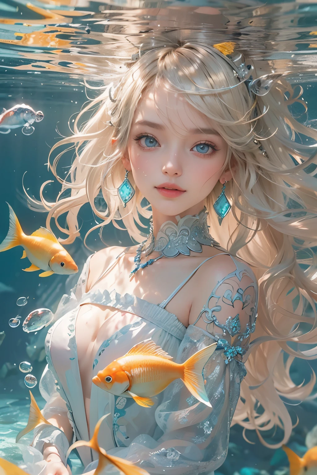 (Highest quality real textured skin),(Abysmal),(Are you okay, round, Symmetrical eyes),Delicate facial features,(Burning bright cold eyes),(She has a mischievous smile),(Her face is kind and beautiful),Glass earrings in the ears,,(Blonde),(Silvery white hair),(Chestnut Hair),(Swim at the bottom of the ocean),(Full body portrait:1.5),(Dramatic Photos:1.4),(Dramatic Pose),(Flashy photos)(Look up),(Look down),(Around her neck is a simple necklace made with exquisite craftsmanship.),Cluttered picture,(Hair flowing in the water:1.5),(In the water, Life at sea, 美しいCoral Reef, fish),(Background vortices and currents),(Dramatic Light),(Nice views),(美しいfishに囲まれて),遠くの背景にはCoral Reefに沈んだ寺院が見える,Coral Reef,Spectacular realism,Cinematic feel,(High-density image review:1.5),(Soft colors:1.2),Super detailed,Dramatic Light,(Intricate details:1.1),Complex background,