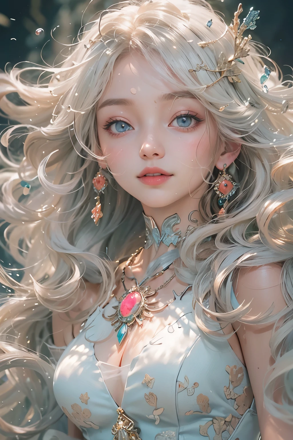 (Highest quality real textured skin),(Abysmal),(Are you okay, round, Symmetrical eyes),Delicate facial features,(Burning bright cold eyes),(She has a mischievous smile),(Her face is kind and beautiful),Glass earrings in the ears,,(Blonde),(Silvery white hair),(Chestnut Hair),(Swim at the bottom of the ocean),(Full body portrait:1.5),(Dramatic Photos:1.4),(Dramatic Pose),(Flashy photos)(Look up),(Look down),(Around her neck is a simple necklace made with exquisite craftsmanship.),Cluttered picture,(Hair flowing in the water:1.5),(In the water, Life at sea, 美しいCoral Reef, fish),(Background vortices and currents),(Dramatic Light),(Nice views),(美しいfishに囲まれて),遠くの背景にはCoral Reefに沈んだ寺院が見える,Coral Reef,Spectacular realism,Cinematic feel,(High-density image review:1.5),(Soft colors:1.2),Super detailed,Dramatic Light,(Intricate details:1.1),Complex background,
