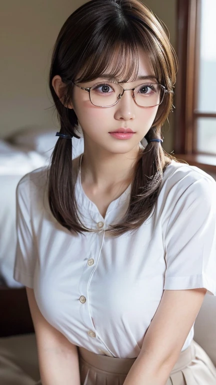 Sitting with legs crossed,1 girl, Very bright backlight,alone, {Beautiful and detailed}, Photo on the bed, Very beautiful big (Huge breasts:1.5) And a small waist ((Press the chest)) 、Big Breasts,Calm expression, Natural soft light,, Delicate features, Blunt bangs, Beautiful Japanese Girl, 18-year-old, ((Seductive pose)), attractive figure,(Blonde), Light grain, Real Hands, masterpiece, highest quality, Realistic, Very detailed, In detail, High resolution,Beautiful Hair, Perfect dynamic composition, Beautiful and beautiful eyes, Japanese Idols,((I'm nervous and embarrassed)),Sharp focus, beauty mix, (uniform:1.3),Movie Girl,Exhibitionism,shirt,skirt,Showing off,short hair,Twin tails,Curly Hair,shame,Lying in bed,Glasses