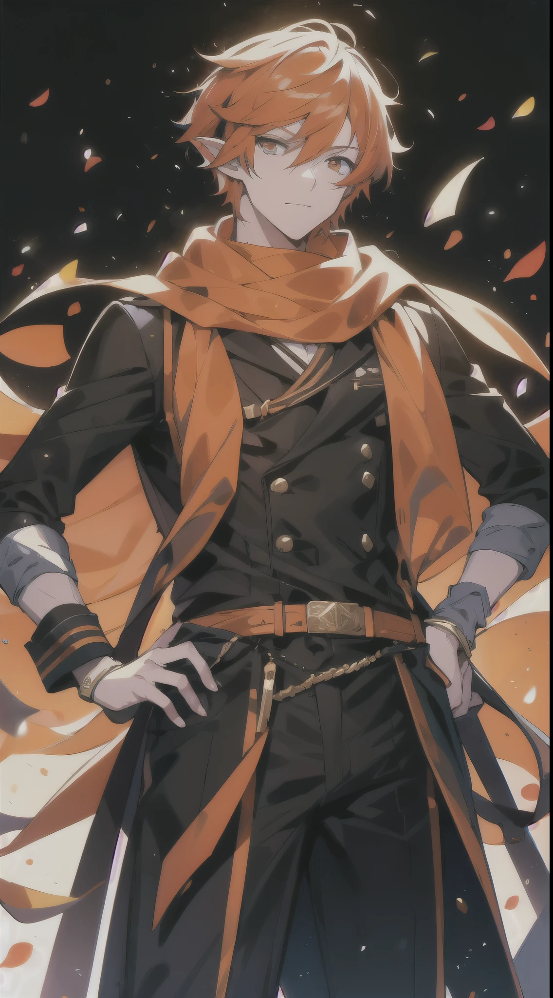 Adult male,Orange Hair,Wearing orange combat uniform,Male teacher,Young men,Wearing a scarf, masterpiece, high quality,Blank Background,Golden Eyes,Elf ears