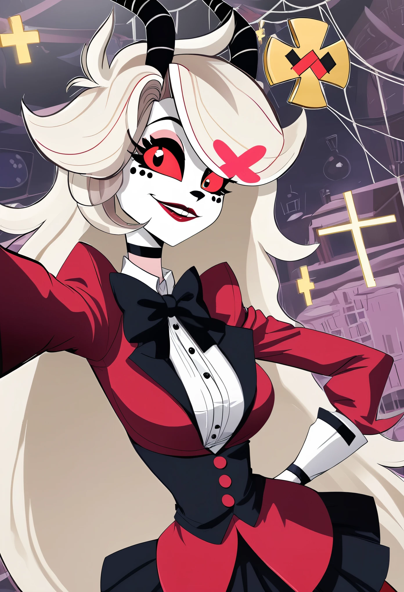 An anime girl taking a selfie at Hazbin Hotel , with long blonde almost white hair, she has red eyes with her pupils being yellow crosses, and these horns that look like they’re from a gazelle but they have stripes of red and black on them. She has small reindeer ears. She looks similar to Alastor from Hazbin Hotel. the art style should also be similar to it. Make her cute and demonic