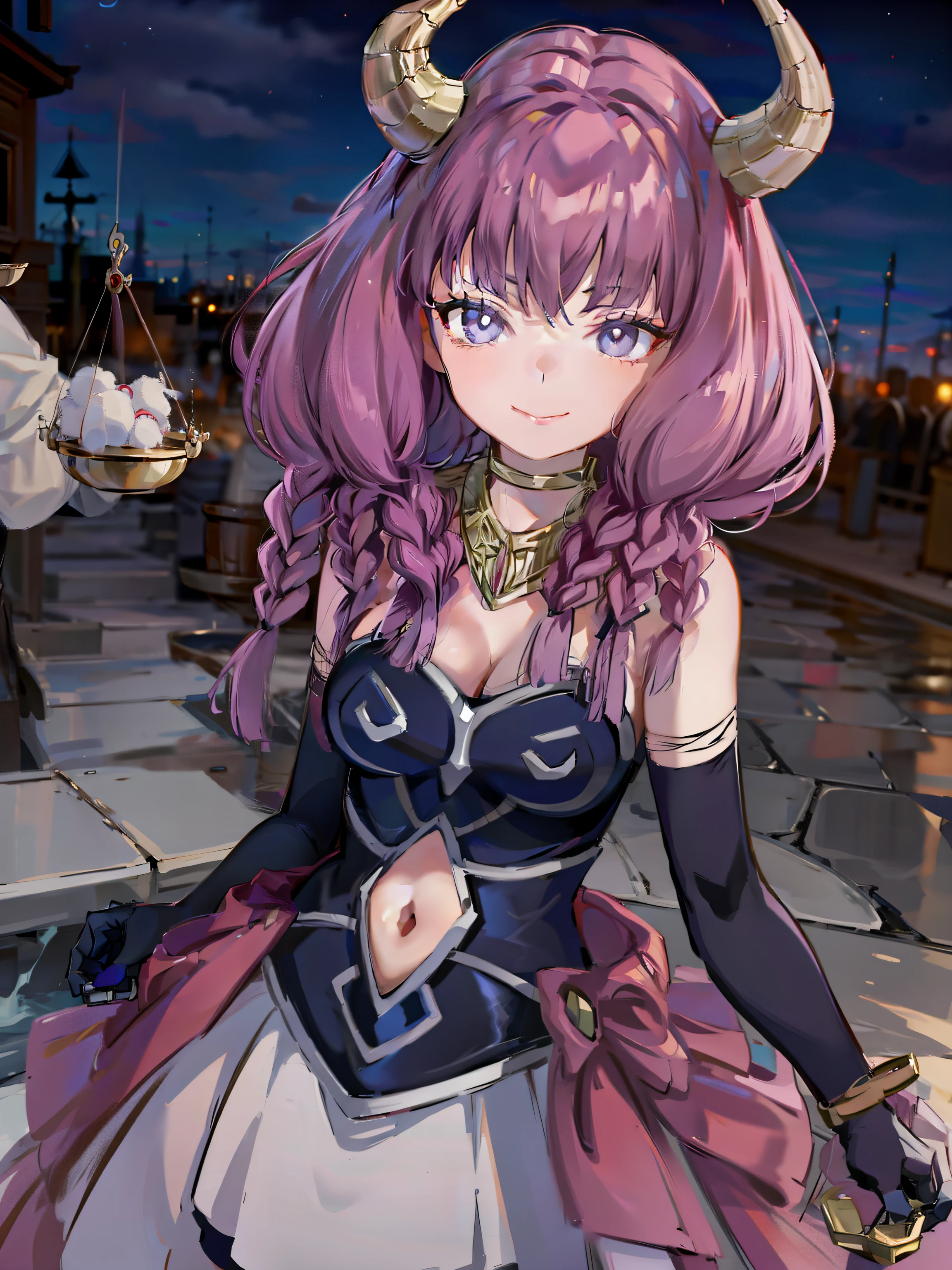 confident smile,bright eyes,big smile, AURA, HORNS, LONG HAIR, LOOKING AT VIEWER, BRAID, GLOVES, TWIN BRAIDS, ELBOW GLOVES, NAVEL, BLACK GLOVES, CLEAVAGE, NAVEL CUTOUT, CLOTHING CUTOUT, SKIRT, BARE SHOULDERS, LARGE BREASTS BREAK Create a haunting and atmospheric image of a graveyard at night, with tombstones shrouded in mist and eerie moonlight casting long shadows.