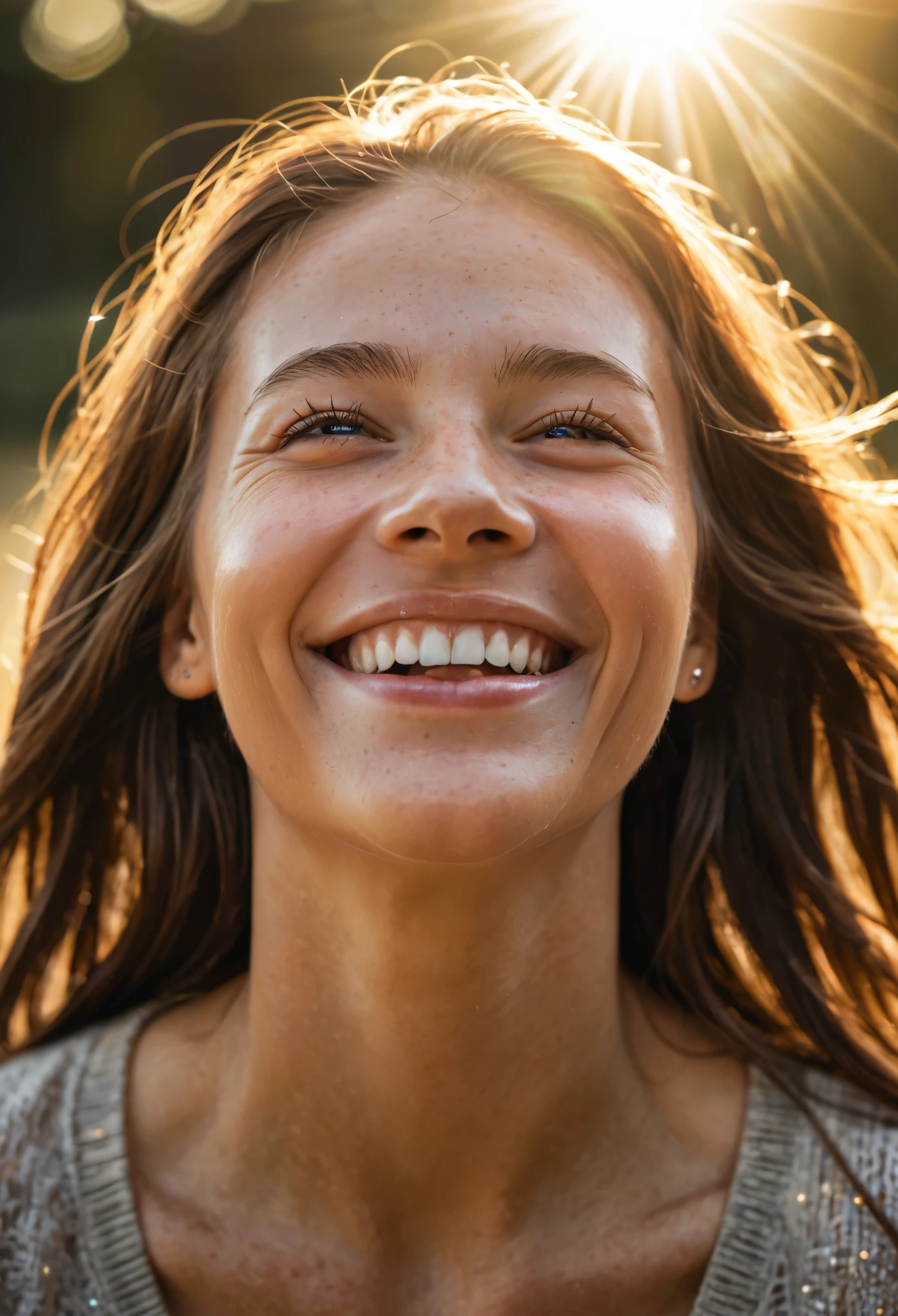 A high-resolution photo capturing the raw emotion of a person's face as they experience joy, with sun rays gently illuminating their features, highlighting the depth of their smile and the sparkle in their eyes.