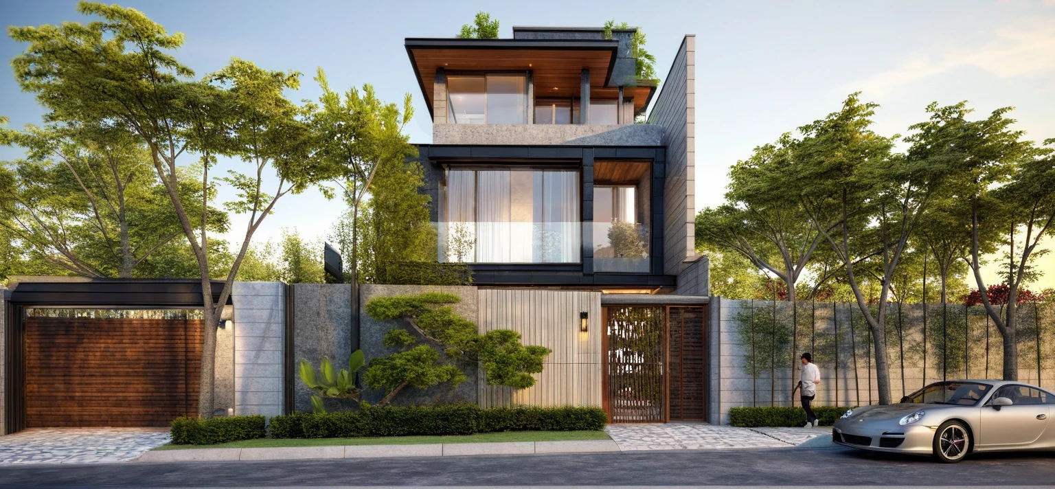 Modern villa, (modern style:1.2), exterior design, perspective view, (white wall:1.3), (block sidewalks and asphalt roads), (frontal diagonal roof, roof tiles), (day sky background), Low trees around the house, (the house next door is lower than the subject designer's house), (day light:1.1), (Neutral lighting is suitable for the townhouse, light color thermometer lighting), (architectural design visualization), (reflection), (focus on object), (material normal bump real reflection), (scattered light), (light ray), (multi-beam light), (sunbeam) (multi-level reflection), (chao vantage software visualization render),(((Best Quality))), ((Masterpiece)), ((best illustration)), ((best shadows)), ((Super Detail)), (Intricate lines), (Photorealism),(hyper detail), ((archdaily)), ((award winning design)), (dynamic light), ((day)), spotlight, (perfect light), (shimering light), ((photorealistic)), ((intricate detail)), ((extreme detail)), ((crazy detail)), ((octane render)), ((trending on artstation)), ((High-fidelity)), ((Viwvid)), ((Crisp)), ((Bright)), ((Stunning)), ((Eye-catching)), ((High-quality)),((Sharp))((Bright)), ((Stunning)), ((natural sun environment)), ((Eye-catching)), ((Illuminating)), ((Flawless)), ((High-quality)),((Sharp edge render)), ((medium soft lighting)), ((photographic render)), ((detailed archviz)), ((reality environment)), (Modern villa design architectural design facade), (Modern villa facade roof design), (Modern villa facade wall design), (Modern villa facade decoration material design) (Modern villa facade door and window design modern), (environmental lighting design), (Modern villa facade lighting design), (Modern villa front gate and fence design), (tree decoration design for Modern villa facade), (Design lights for gate posts and fences), (Modern villa facade railing design), (level of photo realism, depends on lighting, materials, composition, Real-Time Rendering, based on chao vantage timage rendering graphics software)