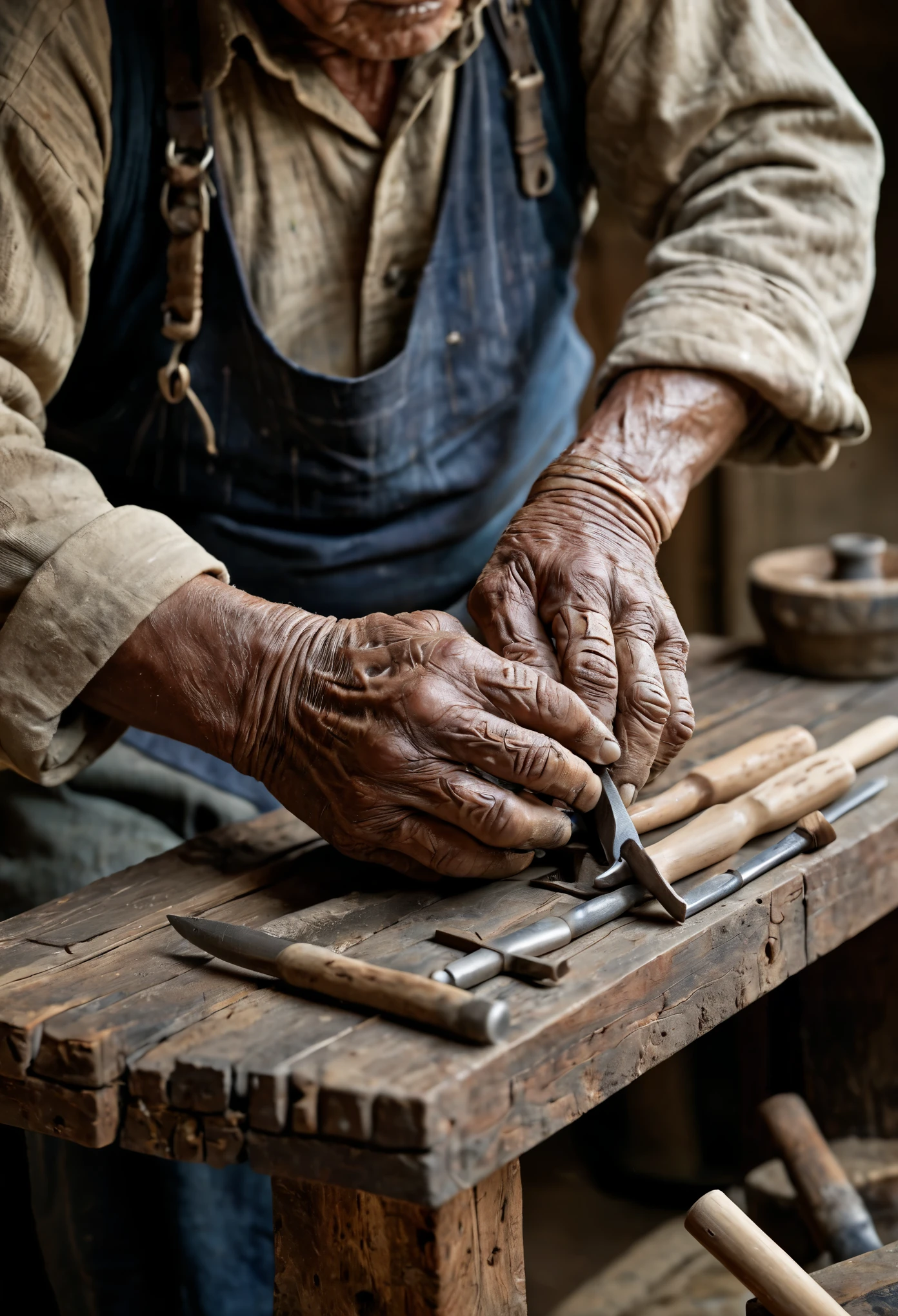 A close-up portrait of an artisan's weathered hands, intricately working with traditional tools, focusing on the textures of the skin and the concentration in their craft, set against the backdrop of their workshop.