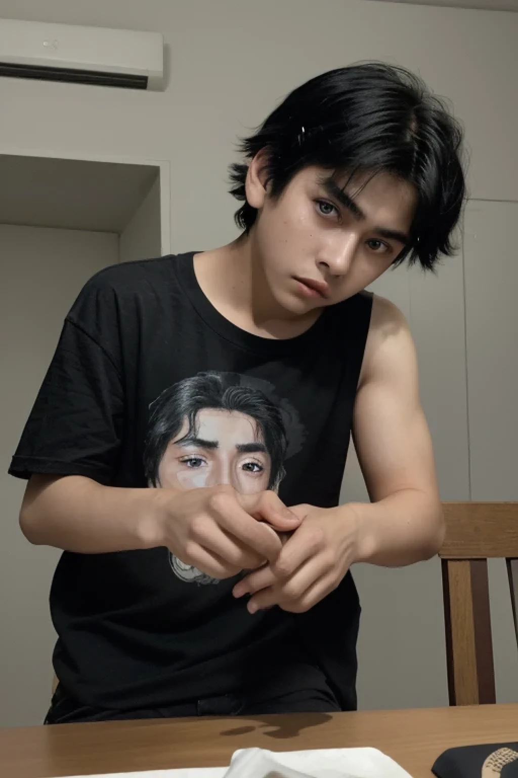 Arafed 13 year old Latin boy with black hair and a black shirt, an image inspired by Itō Ogura Yonesuke, tumblr, shin hanga, delicate androgynous prince, chico demonio guapo, 13 year old latin man , guapo chad chin, androgynous face, el corte de hime, cai xukun recostado en una mesa poniendo la mejilla sobre la mesa