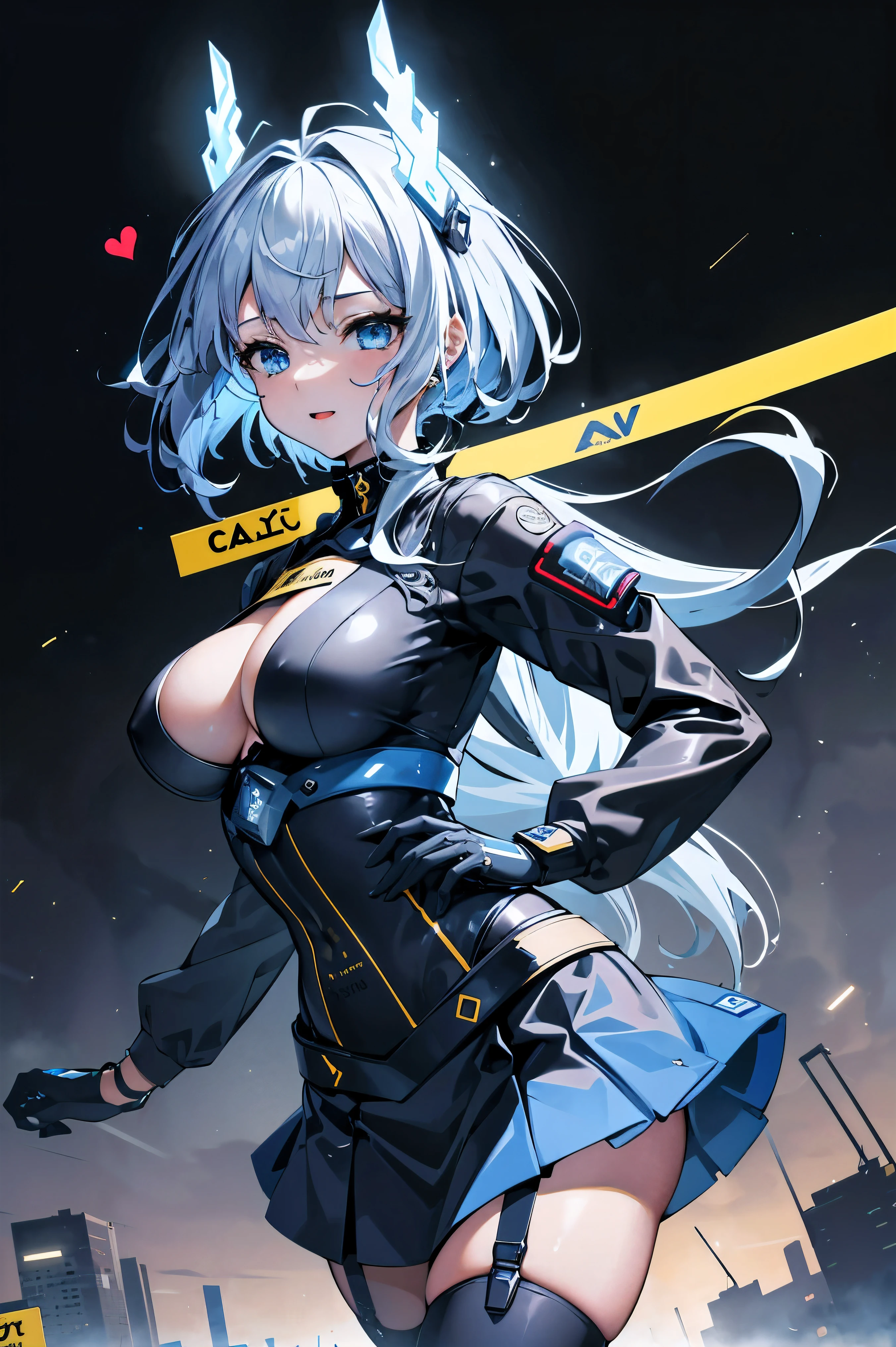 (cityscape:1.2), NSFW, (Face of love, I'm so happy:1.5), (mecha musume, cyborg girl), , stylish angle, stylish pose, (headphone, mechanical fuselage, mechanical clothing), looking at the viewer, bangs cut off, blue mini skirt, plastic corset, Beautiful light effect, glowing skin, (Furisode, removable long sleeves, very wide sleeve:1.2), (caution decal, corporate logotype:1.5), (small open mouth:0.8), large breasts, wide hips