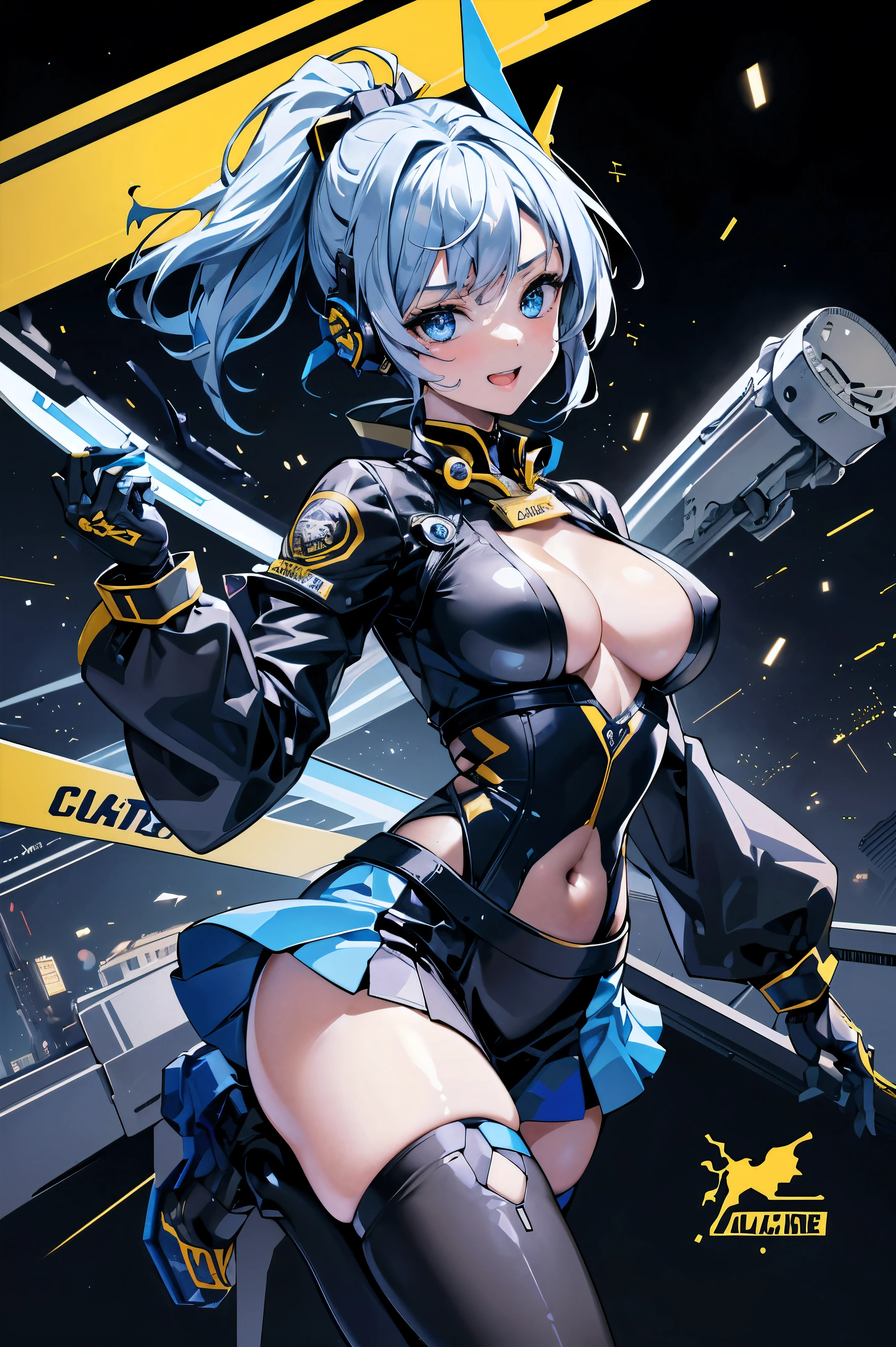 (cityscape:1.2), NSFW, (Face of love, I'm so happy:1.5), (mecha musume, cyborg girl), , stylish angle, stylish pose, (headphone, mechanical fuselage, mechanical clothing), looking at the viewer, bangs cut off, blue mini skirt, plastic corset, Beautiful light effect, glowing skin, (Furisode, removable long sleeves, very wide sleeve:1.2), (caution decal, corporate logotype:1.5), (small open mouth:0.8), large breasts, wide hips