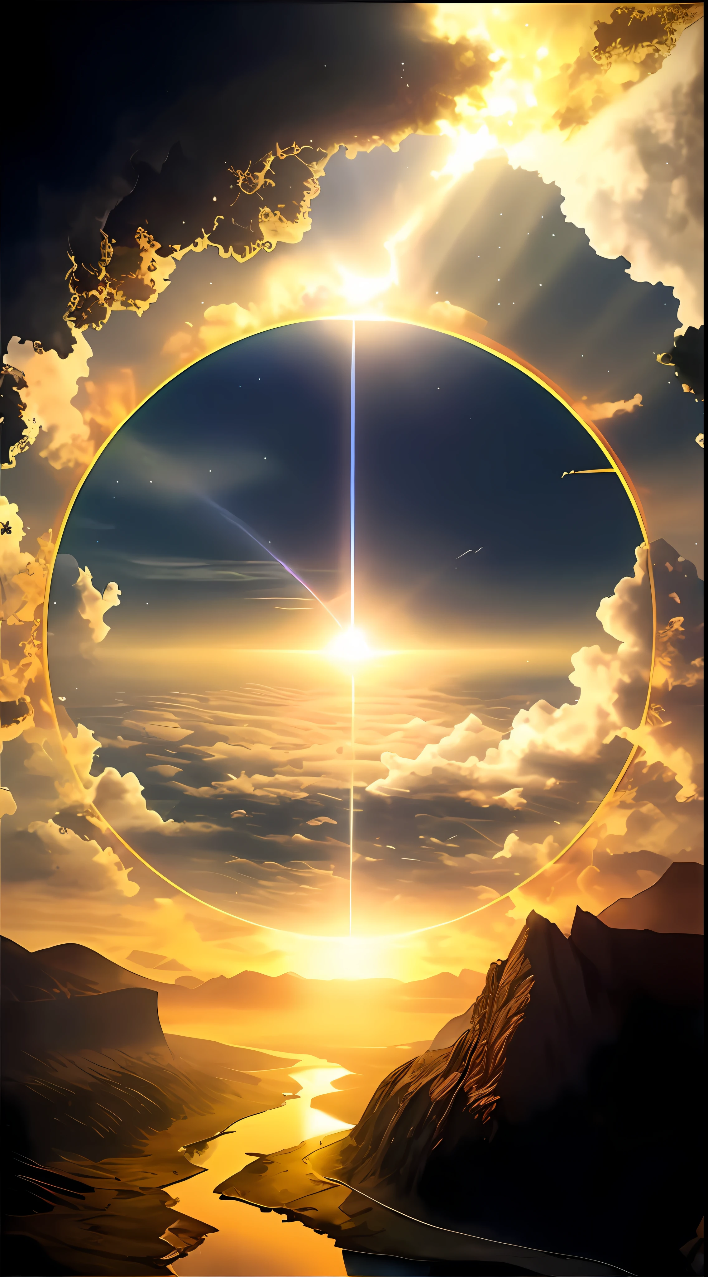 a picture of a picture of a sun setting over a mountain, magic portal in the sky, parhelion atmospheric halos, world seen only through a portal, lens flare. occult photorealism, radiant halo of light, halo of light, with two suns in the sky, sun in the sky, sun shines in the sky, holy light halo, a glowing halo
