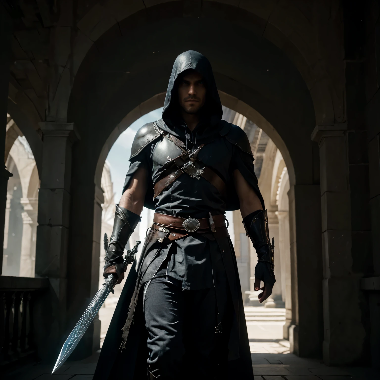 Emerging from the circular portal of a mysterious realm, a hero clad in all-black attire with a hood that envelops from head to mid-calf steps forth. Gripping a sword firmly, he navigates the unknown with determination. Adorned in full-body armor, shimmering in silver, he is shrouded in darkness, with his face partially obscured by the hood, his presence exudes an aura of mystery. Resembling a character from Assassin's Creed, his long, flowing garment nearly reaches his knees, concealing his form as he prepares to confront the challenges lurking in the shadows. The portal, circular and surrounded by swirling black smoke, adds an ominous touch to the scene, hinting at the enigmatic powers that lie beyond. His cape drapes over his entire back, covering his shoulders completely, cascading down to the mid-calf region, accentuating the grandeur of his presence as he strides forward with purpose. His attire, veiled in mystery, hints at untold secrets and unseen depths, adding to the enigmatic allure of his character. Intricate silver embellishments adorn the edges of his hood, seamlessly blending into the armor and extending to his shoulders, enhancing his enigmatic appearance with a touch of elegance. Moreover, a gleaming silver sword hangs at his side, a symbol of his strength and resolve, ready to be wielded against any adversary.