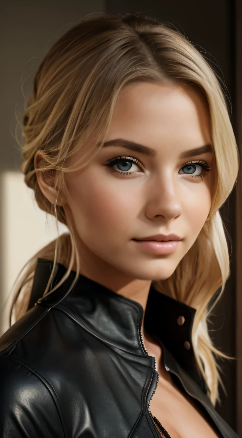 Hyperrealistisches Nahaufnahmefoto von Emily Sears, Meisterwerk, best quality, (Fotorealistisch:1.4), Create dystopian Meisterwerks. eine untergehende Sonne wirft lange Schatten, old and worn costumes, Vorfreude liegt in der Luft, intensive Pattsituation, beautiful woman, glattes blondes Haar, detailliertes Gesicht, smile, looking directly to camera, Foto vom Gesicht, Alter von 20 Jahren,