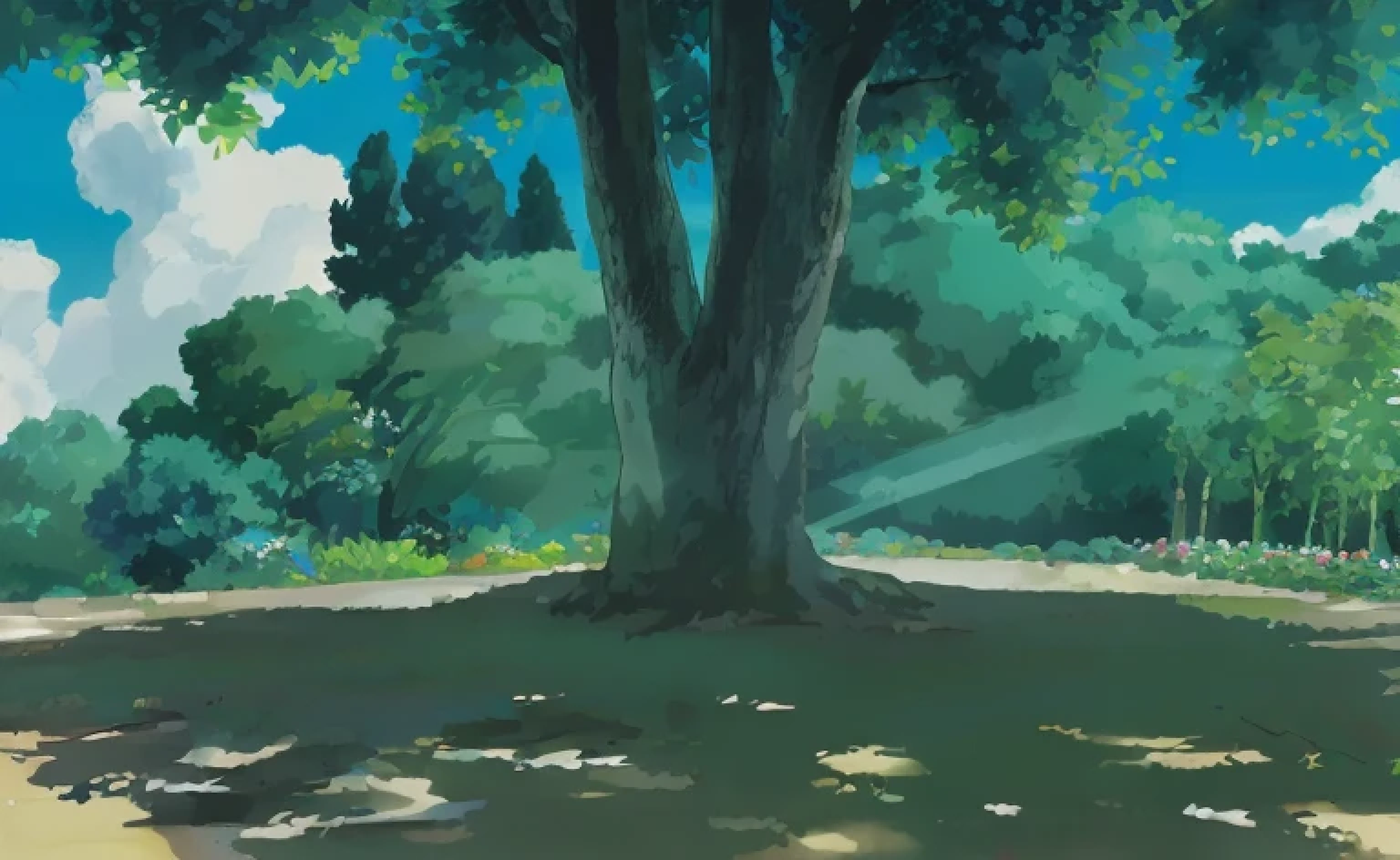ghibli,Studio Ghibli、Totoro、summer、sunlight、sunlight filtering through the foliage、spirit、blue sky、vegetable garden