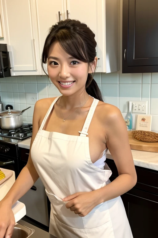 Highest resolution, 4K, Masterpiece: 1.3), A slim Japanese milf, photo of one lady, Sexy: 1.1, fine eyes, Slender figure, Realistic teeth, double eyelids, smile, full body, best quality, detailed, beauty, a married woman, at the kitchen, wearing apron, cooking, tanned skin, no clothes, 28 years old girl,  can see on side of apron, armpit pose, 