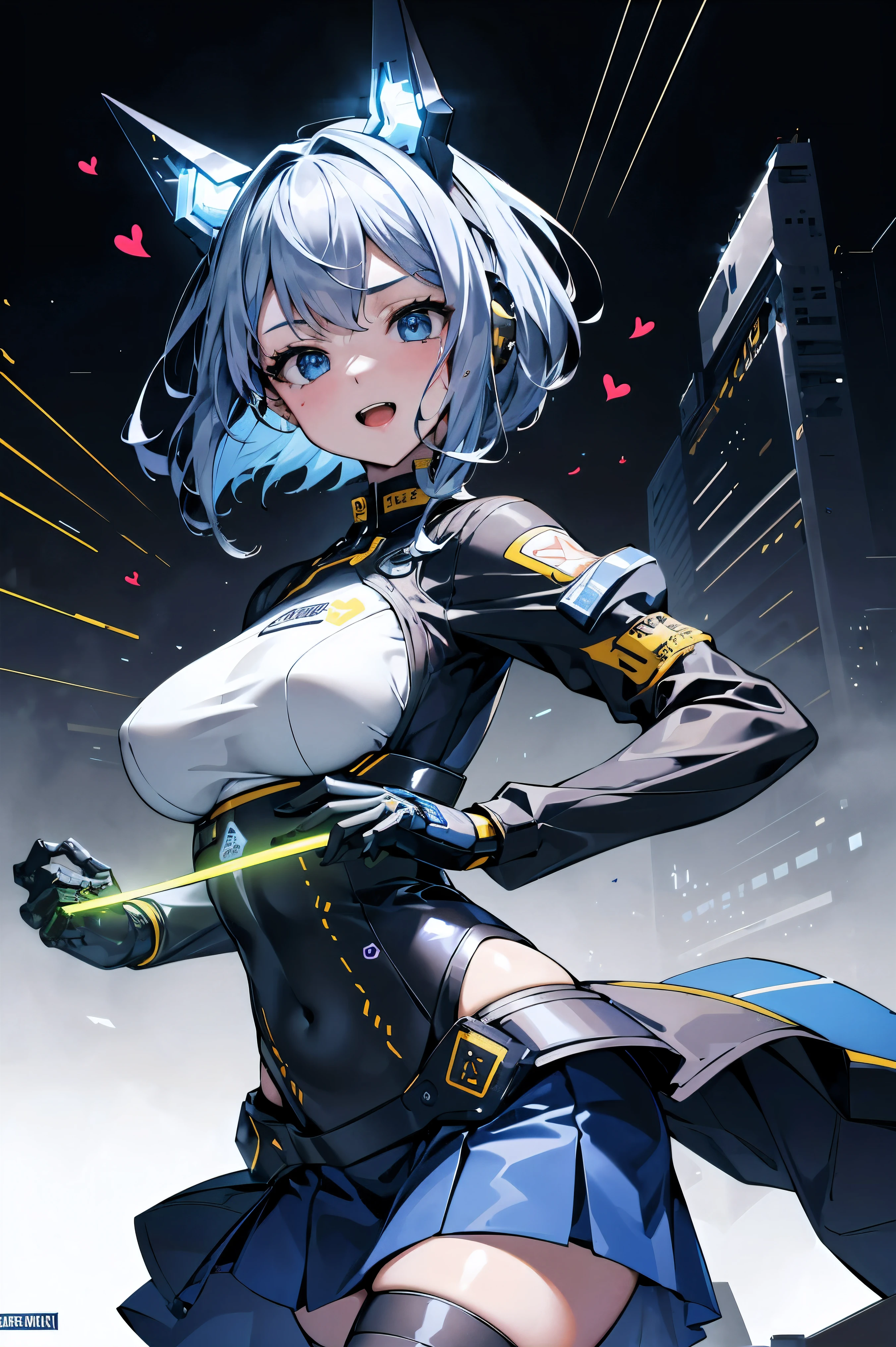  (cityscape:1.2), NSFW, (Face of love, I&#39;m so happy:1.5), (mecha musume, cyborg girl), teen, stylish angle, stylish pose, (headphone, mechanical fuselage, mechanical clothing), looking at the viewer, bangs cut off, blue mini skirt, plastic corset, Beautiful light effect, glowing skin, (Furisode, removable long sleeves, very wide sleeve:1.2), (caution decal, corporate logotype:1.5), (small open mouth:0.8), large breasts, wide hips