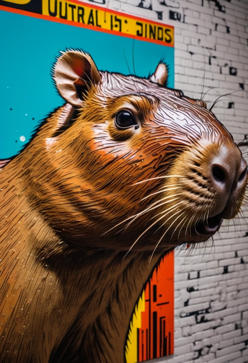 (a capybara), the wall is decorated with a poster in comics, in the style of bold, pop art inspired ing, opaque resin panels, cyberpunk realism, grotesque beauty, polished surfaces, close up, hyper-realistic, (masterpiece, best quality, perfect composition, very aesthetic, absurdres, ultra-detailed, intricate details, Professional, official art, Representative work:1.3)