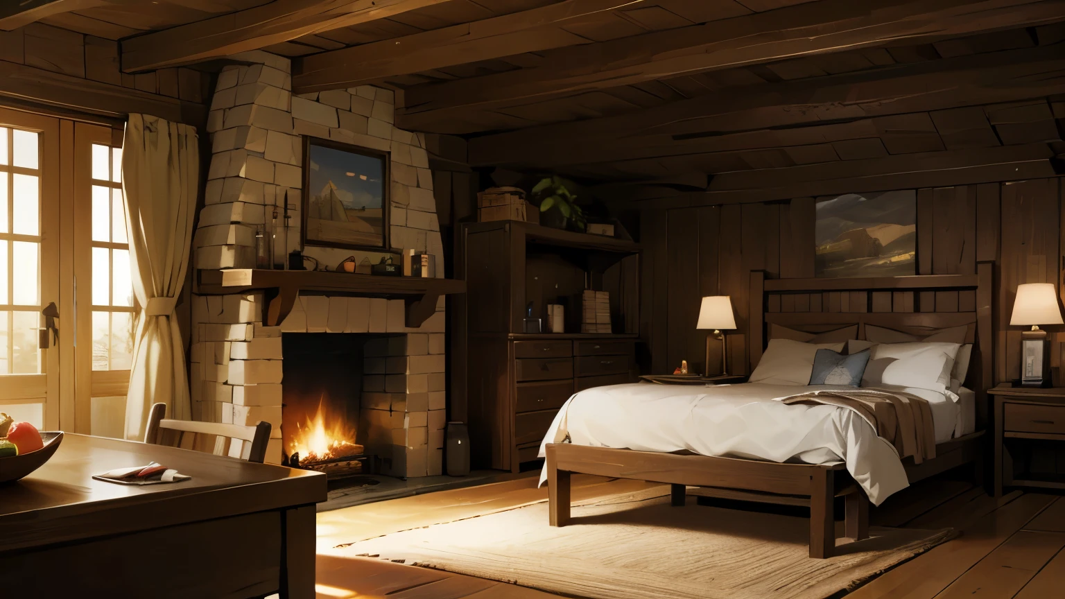 A cabin with survival elements such as a fireplace, jarras de agua, una mesa con comida frutas, a cozy bed and objects that represent basic needs.