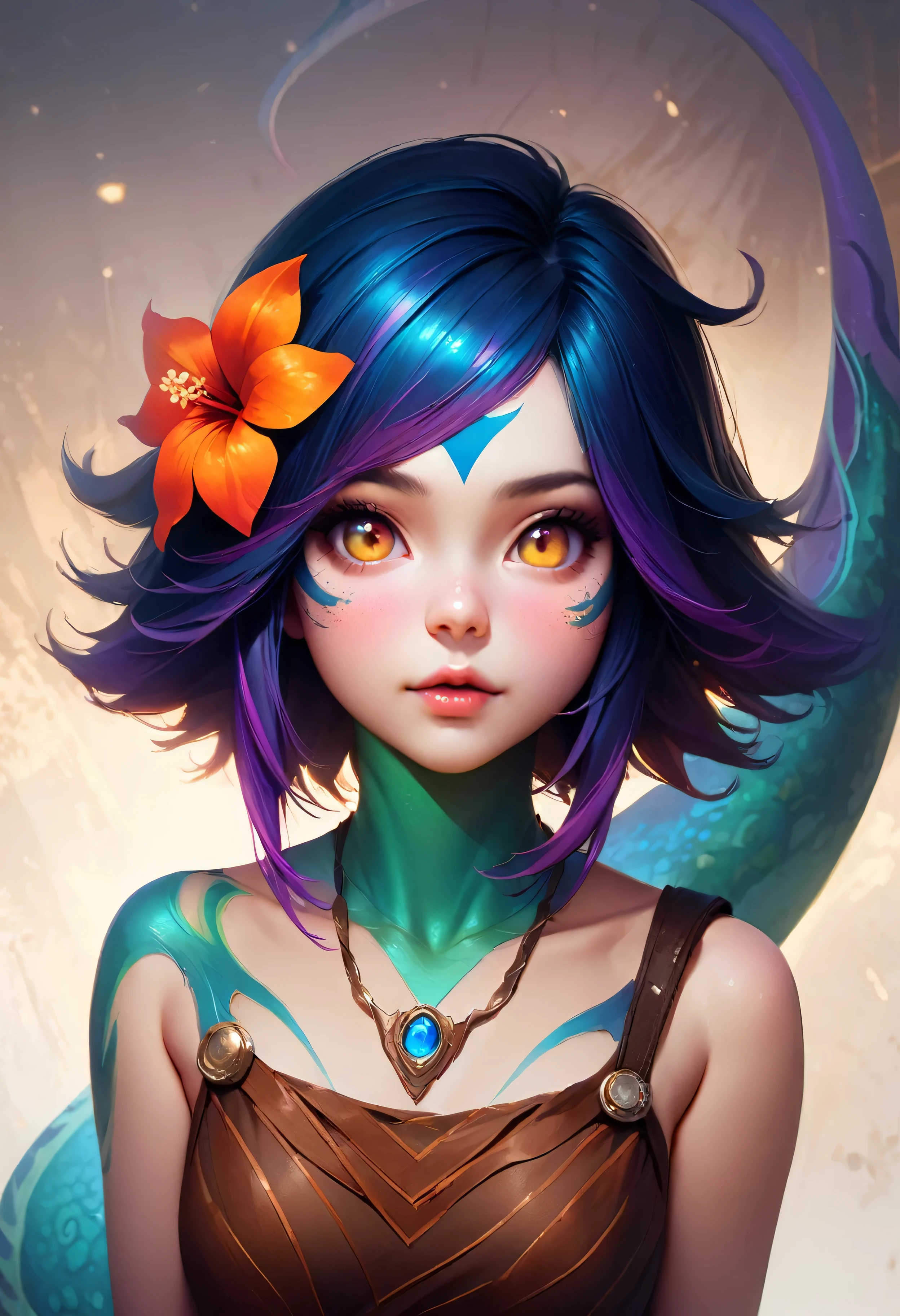 masterpiece,(best quality,top quality,8k),ultra detailed,illustration,painting,detailed eyes and face,(1girl),neeko, multicolored hair, colored skin,(short hair), facial mark, forehead mark, hair ornament, hair flower, necklace, brown crop top, Lizard tail,(looking at viewer ),(puffy eyes) ,good contrast , high sharpness,(gorgeous),realistic,RAW Photography,(hyperdetailed:1.2)