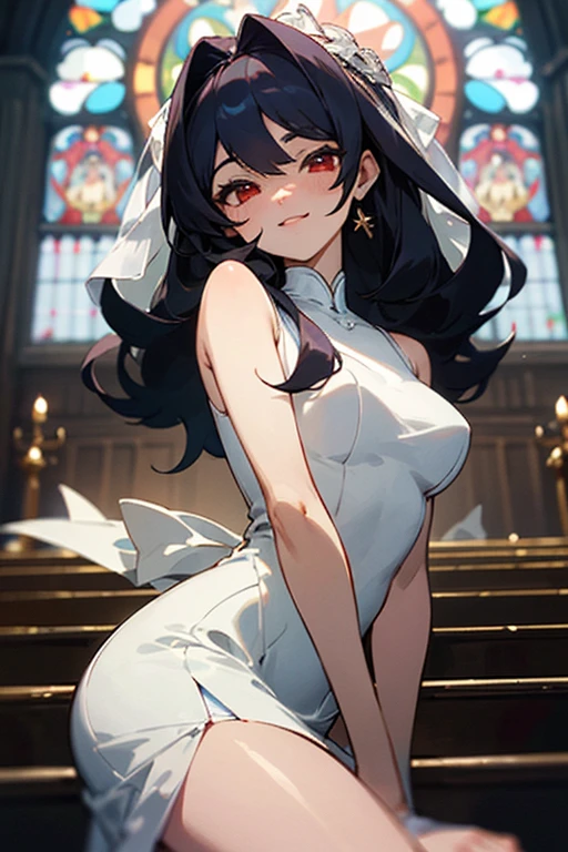 ((mejor calidad)), ((Obra maestra)), (detallado), cara perfecta, Joven de cabello negro largo y lacio, ojos rojos, pale skin, asian factions, 19 years, esbelta, busto mediano, bonitas curvas, estilo anime, elegante, only character in the image, nice , wedding dress, waiting for you, happy, red eyes, cute face, church background, sexy dress, short dress