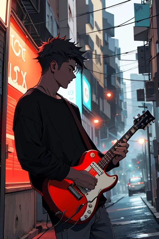 Desenhe um jovem guitarrista, com cabelo cacheado, numa noite na cidade . He is practicing with a white electric guitar . Dramatic city lighting, casting deep shadows, with slight red lighting . O jovem parece confiante e determinado, com cabelo encaracolado 