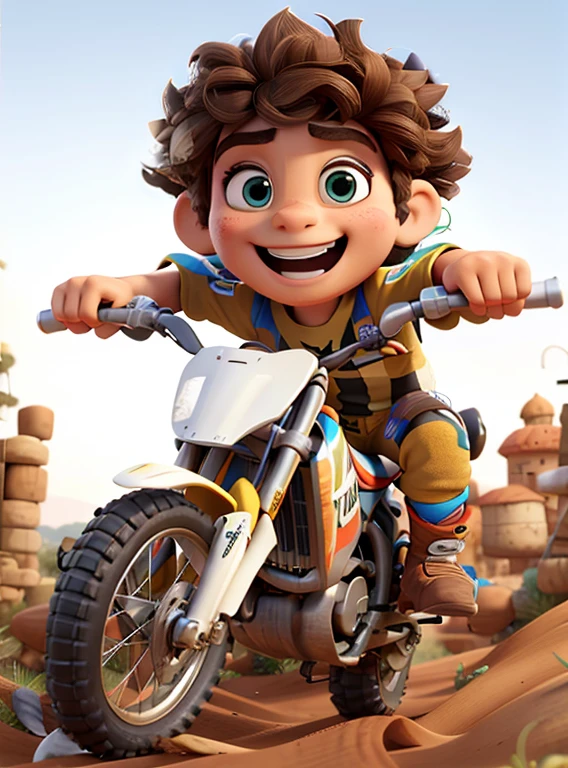 PILOTO MOTOCROSS HOMEM DE CAPACETE FECHADO  E ROUPA DE EQUIPE DE MOTOCROSS MONTADO NUMA MOTO KENDA DE MOTOCROSS NUMA PISTA DE MOTOCROSS LEVANTANDO POEIRA, ESTILO DISNEY PIXAR 3D 8K