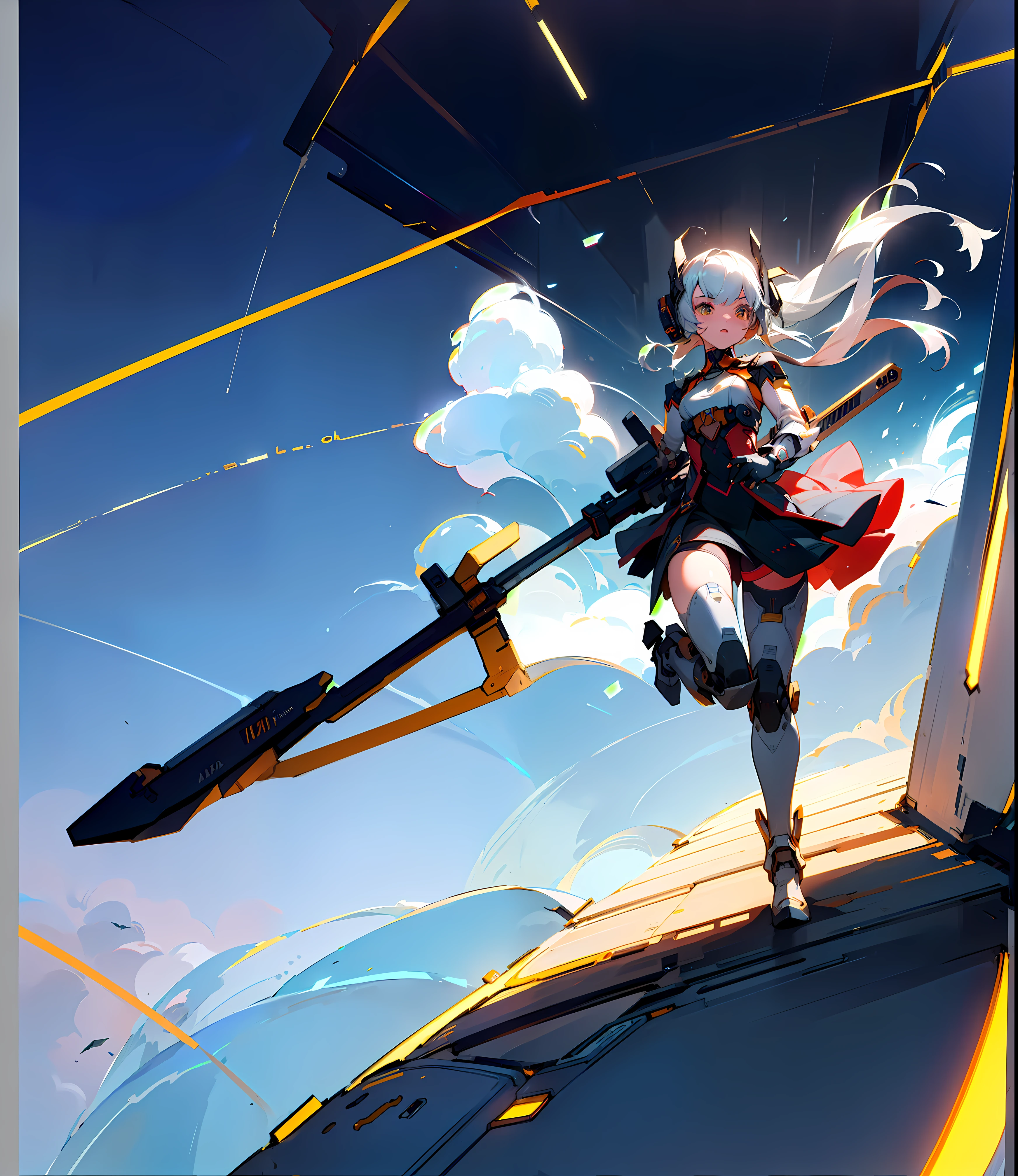 metallic shiny structure,huge expansive floating structure,sci-fi platform suspended in the clouds,girl wearing futuristic attire and a visor,girl's hair flowing in the wind,unobstructed panoramic view of the sky and clouds,cityscape visible in the distance,advanced technology integrated into the structure,sparkling colorful lights illuminating the platform,breathtaking sunset casting warm golden hues on the scenery,futuristic aircrafts zooming through the sky,ethereal atmosphere with a sense of mystery and wonder,(best quality,4k,8k,highres,masterpiece:1.2),ultra-detailed,(realistic,photorealistic,photo-realistic:1.37),HDR,UHD,studio lighting,vivid colors,physically-based rendering,concept artists.