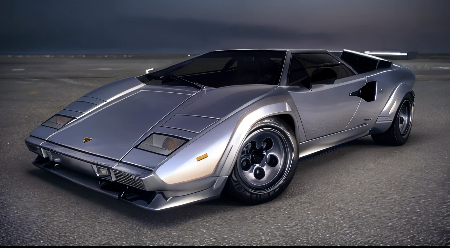 iridescent silver Lamborghini Countach car on a road, (3 quarter view), Hasselblad, sharp focus, masterpiece, best quality, official art, extremely detailed CG unity 8k wallpaper, illustration, moving, background motion blur, wet, (((NIGHT))),neon lights, drift,  